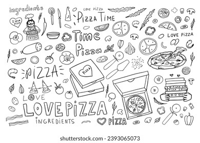 Big set of pizza, Italian cuisine, pizza ingredients, pizza box and lettering. Doodle style. Hand drawn. Great for menu design, banners, sites, packaging. Vector illustration EPS10