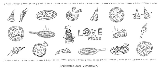 Big set of pizza, Italian cuisine, slice of pizza and satisfied cook. Pizza time. Pizza lover. Doodle style. Hand drawn. Great for menu design, banners, sites, packaging. Vector illustration EPS10