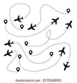 Big set plane route line. Airplane travel concept with map pins