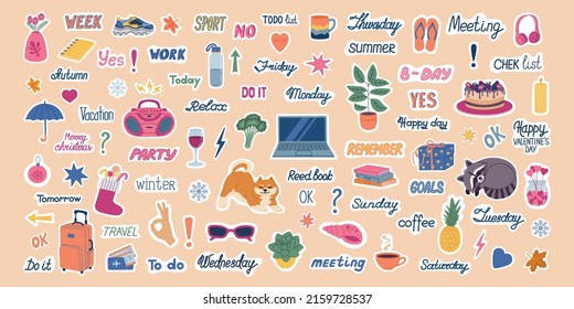 Big set of planning stickers . Cute weekly image and trendy lettering for diaries and organizers. Hand drawn vector illustration isolated on background. Flat cartoon style.