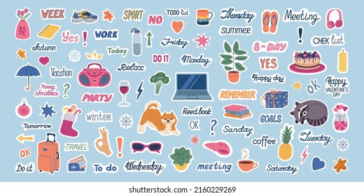 Big set of planning stickers . Cute weekly image and trendy lettering for diaries and organizers. Hand drawn colored vector illustration isolated on blue background. Flat cartoon style.