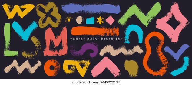 Big set of playful shapes in doodle grunge style in multi colored. Hand drawn doodle scribble circle colorful geometric elements. Vector squiggles, asterisk, circles, dots, wavy lines, infinity sign.