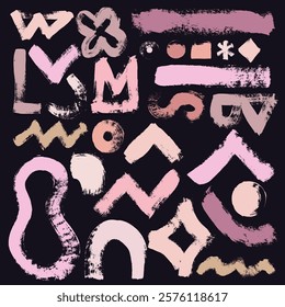 Big set of playful shapes in doodle grunge style in multi pastel. Hand drawn doodle scribble circle shades of pink geometric elements. Vector squiggles, asterisk, circles, wavy lines, infinity sign.