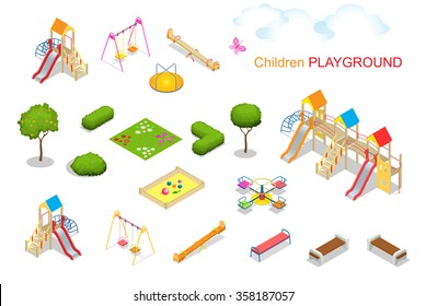 Big set of Playgrounds elements. Kids Playground isometric illustration. 