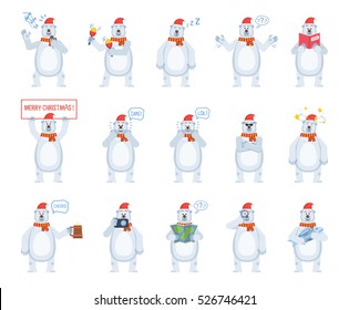 Big set of polar bear characters showing different actions. Cheerful polar bear karaoke singing, dancing, holding Christmas banner, reading a book and doing other actions. Flat vector illustration