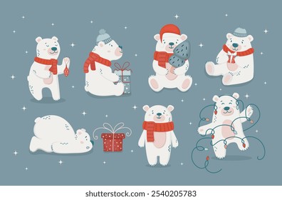 Big set with polar bears in different poses flat style. Christmas polar bear cute character.