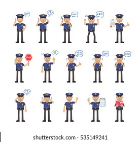 Big set of policeman characters showing different actions. Cheerful police officer talking on the phone, holding stop sign, document, clipboard, book and doing other actions. Flat vector illustration