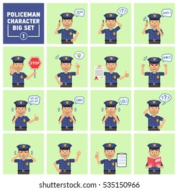 Big set of policeman characters showing different actions. Cheerful police officer talking on the phone, holding stop sign, document, clipboard, book and doing other actions. Flat vector illustration