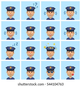 Big set of policeman emoticons. Police officer avatars showing different facial expressions. Happy, sad, smile, laugh, surprised, angry, dizzy and other emotions. Simple style vector illustration