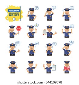 Big set of policeman emoticons showing different actions, gestures, emotions. Cheerful police officer talking on phone, holding stop sign, document and doing other actions. Simple vector illustration