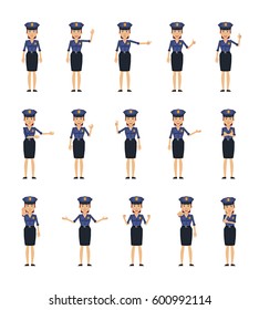Big set of policewoman characters showing different hand gestures. Cheerful police officer showing thumb up, greeting, pointing, victory, stop sign and other hand gestures. Simple vector illustration