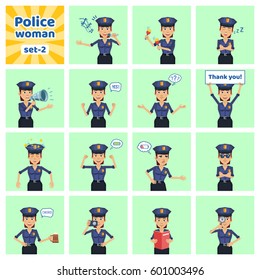 Big set of policewoman characters showing different actions, gestures, emotions. Cheerful police officer singing, sleeping, holding loudspeaker and doing other actions. Simple vector illustration