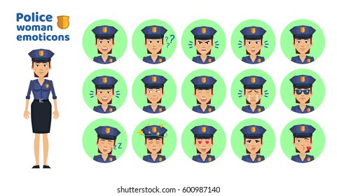 Big set of policewoman emoticons. Female police officer emojis showing different facial expressions. Happy, sad, smile, laugh, surprised, serious, tired and other emotions. Simple vector illustration
