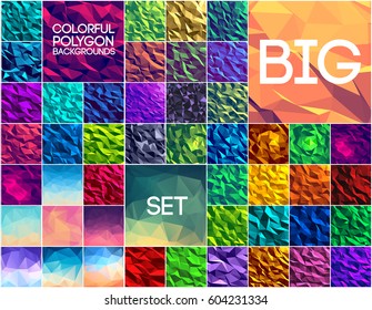 Big set of polygonal colorful backgrounds. Geometric art concept, technology, nature, colors, motifs, elements. Vector abstract template for greeting card or invitation design illustration.