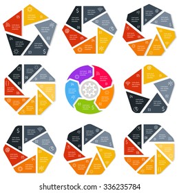 Big set of polygonal infographic diagrams. Circular connected charts with 5, 6, 7, 8 options. Progress steps for tutorial. Business concept sequence banners, process layouts. EPS10 collection.
