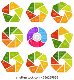 Big set of polygonal infographic diagrams. Circular connected charts with 5, 6, 7, 8 options. Progress steps for tutorial. Business concept sequence banners, process layouts. EPS10 collection.