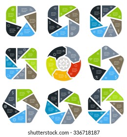 Big set of polygonal infographic diagrams. Circular connected charts with 5, 6, 7, 8 options. Progress steps for tutorial. Business concept sequence banners, process layouts. EPS10 collection.