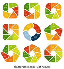 Big set of polygonal infographic diagrams. Circular connected charts with 5, 6, 7, 8 options. Progress steps for tutorial. Business concept sequence banners, process layouts. EPS10 collection.