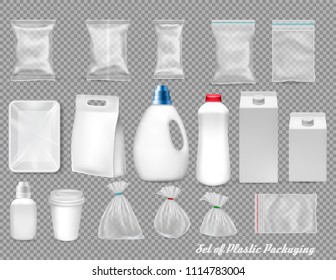 Big set of polypropylene plastic packaging - sacks, tray, bottels, boxes, cups on transparent background. Vector illustration 