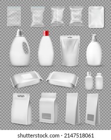 Big set of polypropylene plastic and paper packaging - sacks, tray, doypack, dispenser bottles, box, tube and on transparent background. Vector illustration 