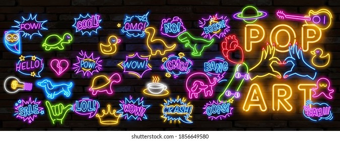 Big set of Pop art neon light sign. Bright signboard, light banner. Vector illustration Pop art icons set. Pop art neon sign.