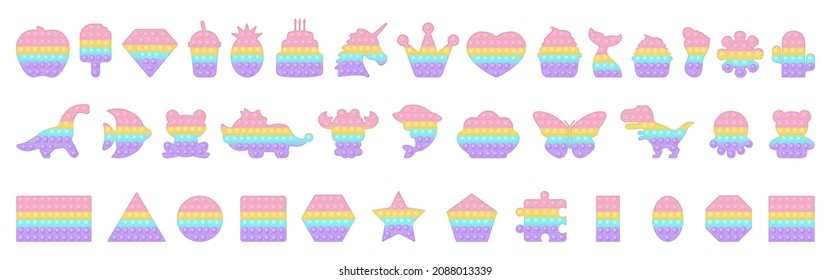 Big set of popit birthday, dinosaur and various forms pop it a trendy pastel fidget toys. Addictive anti stress toy in pastel rainbow colors. Bubble sensory fashionable toy. Vector illustration.