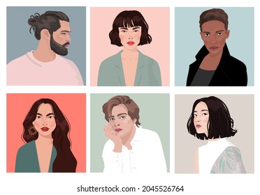 Big Set of portraits of women and men of different gender and age. Diversity.  flat illustration. Avatar for a social network. 