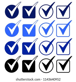 Big Set of Positive Check Marks in Blue & Black Boxes Isolated on White Background. Vector Illustration