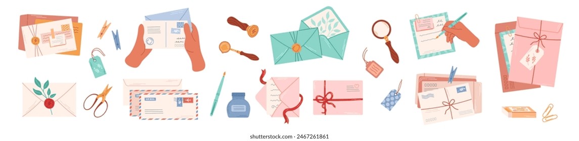 Big set of postal elements. Various envelopes, letters, stamps and postal stationery. Delivery, message, communication concept. Isolated vector illustration.