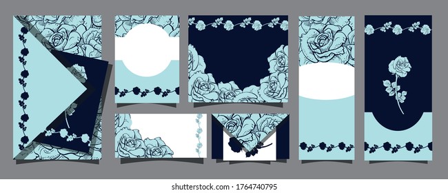 Big set of Postcards with beautiful  
blue roses. Graphic design illustration for cards, postcards.