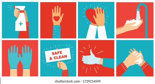 Big set of posters with hands washed clean. Healthcare purpose set of illustration. Vector illustration in flat style. Virus protection. Corona virus protection concept. Health care.