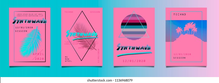 Big set of posters for music festival with palm trees and leaves in soft pastel color palette. Vaporwave/ seapunk/ synthpop style.