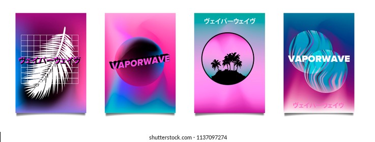 Gran juego de afiches para el festival musical con el texto japonés "Vaporwave" y el tema tropical del verano. Estilo vaporwave/ seapunk/ synthpop.