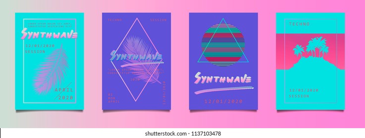 Big set of posters for music festival with palm trees and leaves in pastel palette. Synthwave/ seapunk/ synthpop style.