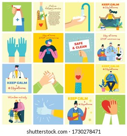 Big set of posters wash hands, hygiene, doctors and healthcare. Protect against virus concept design. Modern vector illustrations in flat style.