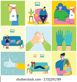 Big set of posters wash hands, hygiene, healthcare. Stay at home. Protect against coronavirus concept design. Modern vector illustrations in flat style.