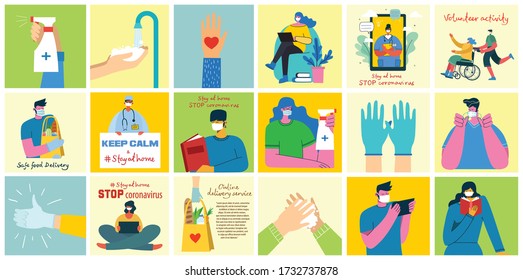 Big set of posters wash hands, hygiene, doctors, hands in gloves, stay home and healthcare. Protect against virus concept design. Modern vector illustrations in flat style.