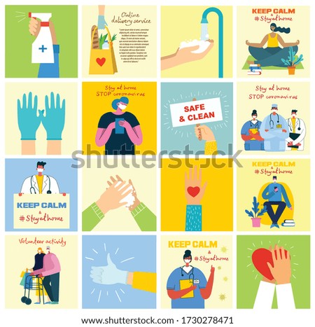 Big set of posters wash hands, hygiene, doctors and healthcare. Protect against virus concept design. Modern vector illustrations in flat style.