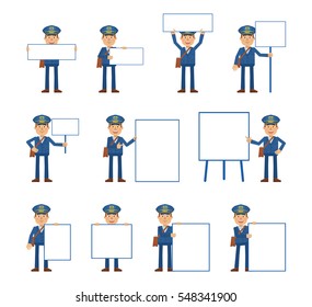 Big set of postman characters posing with different blank banners. Cheerful mailman holding paper, poster, placard, pointing to whiteboard. Teach, advertise, promote. Simple vector illustration