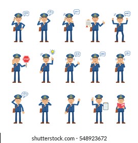 Big set of postman characters showing diverse actions, gestures, emotions. Cheerful mailman talking on phone, holding stop sing, document, book and doing other actions. Simple vector illustration