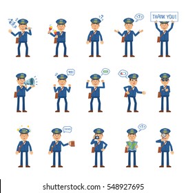 Big set of postman characters showing different actions, gestures, emotions. Cheerful mailman singing, sleeping, holding banner, loudspeaker, map and doing other actions. Simple vector illustration