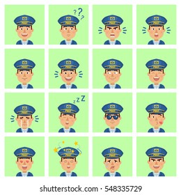 Big set of postman emoticons. Mailman avatars showing different facial expressions. Happy, sad, smile, laugh, surprised, angry, sleepy, dizzy, in love and other emotions. Simple vector illustration