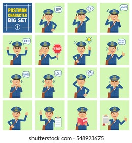 Big set of postman emoticons showing different actions, gestures, emotions. Cheerful mailman talking on phone, holding stop sing, document, book and doing other actions. Simple vector illustration
