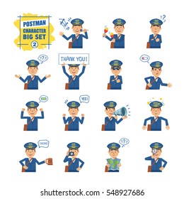 Big set of postman emoticons showing different actions, gestures, emotions. Cheerful mailman singing, sleeping, holding banner, loudspeaker, map and doing other actions. Simple vector illustration