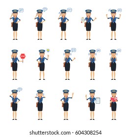 Big set of postwoman characters showing different actions, gestures, emotions. Cheerful mail carrier talking on phone, holding stop sign, document and doing other actions. Simple vector illustration