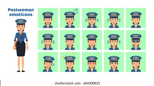 Big Set Of Postwoman Emoticons. Mail Carrier Emojis Showing Different Facial Expressions. Happy, Sad, Smile, Laugh, Cry, Angry, Sleepy, In Love And Other Emotions. Simple Vector Illustration