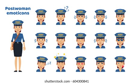 Big set of postwoman emoticons. Mail carrier emojis showing different facial expressions. Happy, sad, smile, laugh, cry, angry, sleepy, in love and other emotions. Simple vector illustration