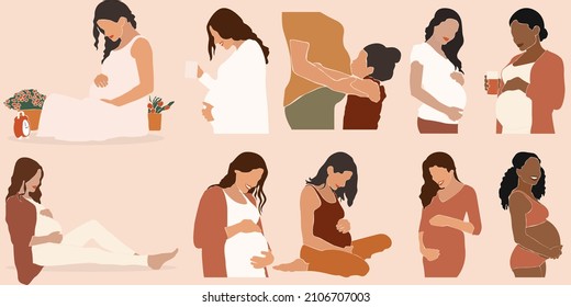 Big set of pregnant woman. Abstract Graphic Bundle, modern art about pregnancy and motherhood - mother concept. Poster with a beautiful young pregnant woman with long hair.