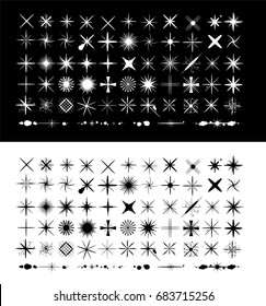 Big set of premium star sparkle and glitter brush isolated on black and white background.