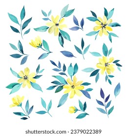 Big set with pretty delicate yellow flowers and branches. Vector illustration